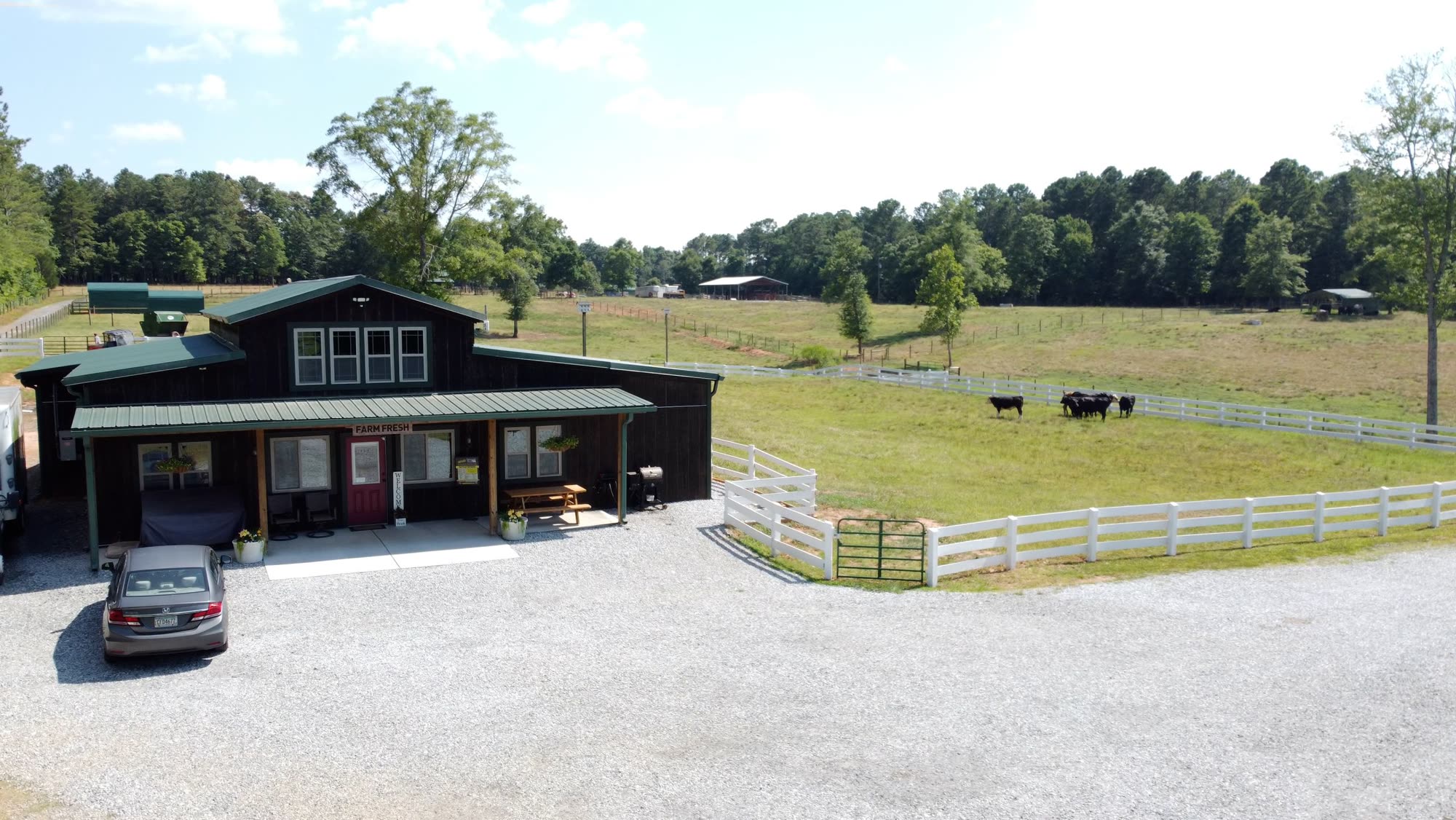 The Thousand Hills ranch store and pastures from above
